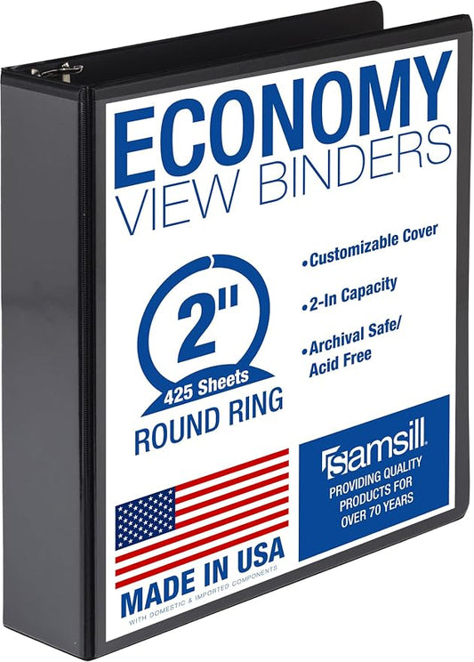 Samsill 2 Inch 3 Ring Binder, Economy Round Ring, Clear View Cover, 425 Sheet Capacity - for School, Home, Office - Charcoal Black
