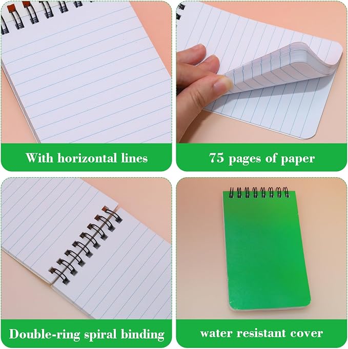 12 Pack mini Spiral Steno Pads,3x5 Inch Small Pocket Notebooks,75 Sheets/150 Pages College Ruled Lined Note Pads For Kids Adults Outdoor,Home,School,Office (Green)