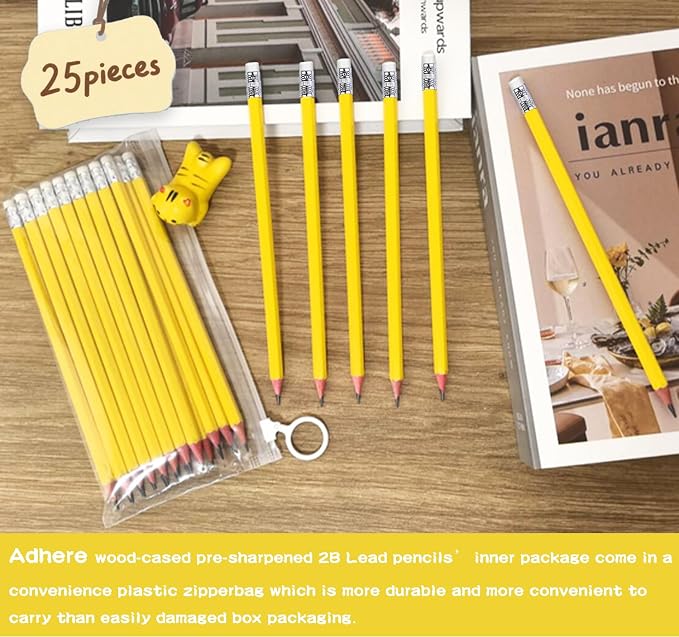 Adhere 25pcs Woodcase Pencils with Eraser Premium Pre-Sharpened Hexagon Graphite 2B pencils ideal for home, office writing including a Free Sharpener (Yellow・25pcs)