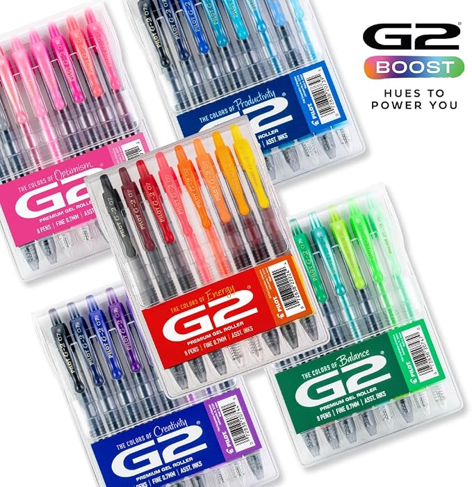 Pilot G2 Premium Gel Roller Pens, G2 Boost Blue Pens Pack, The Colors of Productivity, 8 Pack Pouch, Fine Point 0.7 mm, Assorted