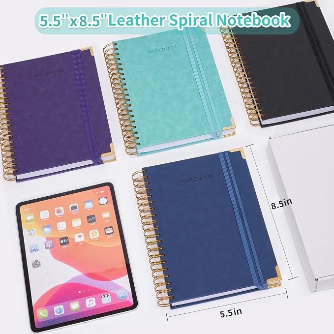 Spiral Notebook, 365 Page Hardcover Leather Notebook Journal, Large A5 Lined Journal for Women Men, College Ruled Notebooks for Work School, Journals for Writing, 24pcs Index Tabs, 5.5" x 8.5", Blue