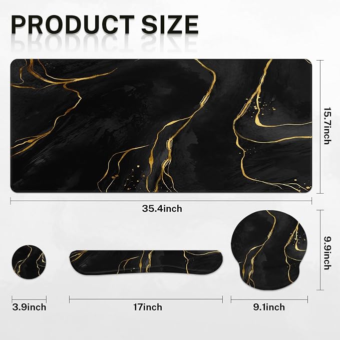 Britimes Black Gold Marble Keyboard Mouse Pad Set 4in1 Large Mousepad+Keyboard Wrist Rest+Mouse Wrist Rest+Coaster Ergonomic Design for Home Office Computer 35.4x15.7 inches
