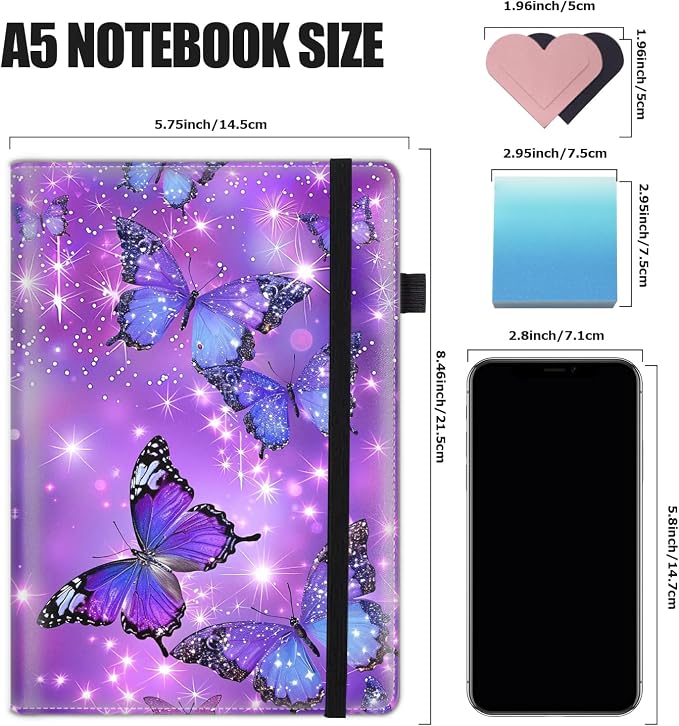 Hardcover Executive Notebooks, A5 PU Leather Lined Journal Notebook, 200 Pages Thick Paper Subject Notebooks for School,Work,Home Writing Business Notebook，Blue Butterfly Purple Background