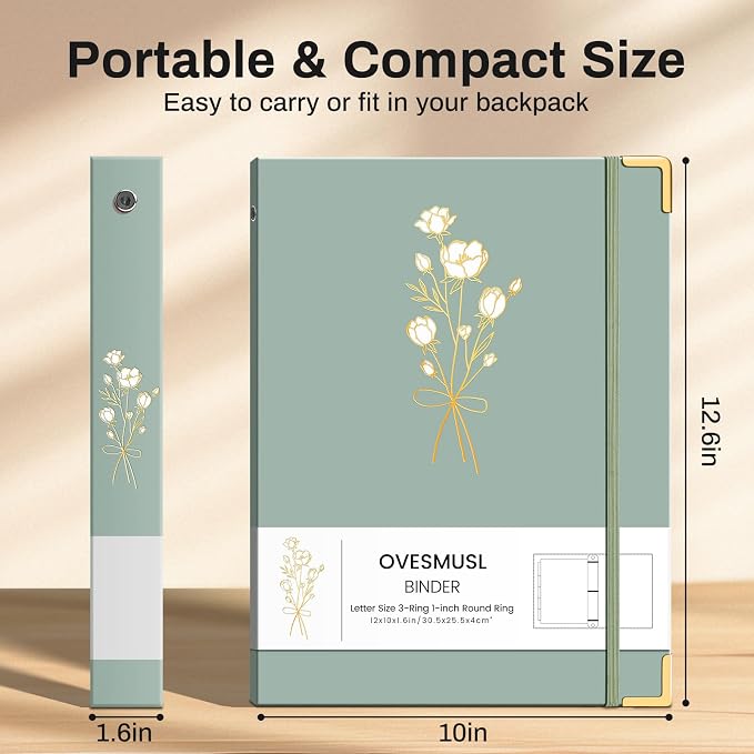 OVESMUSL Aesthetic 3 Ring Binder 1 Inch Set of 2, Decorative Hardcover Paper Binders for School, Office and Recipe Organizing, Fits 8.5 x 11 Letter Size, Sage Green and Pale Pink