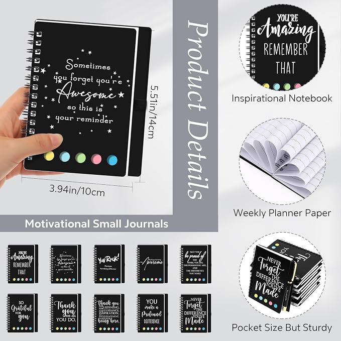 Chiisong 20 Sets Back to School Gifts Bulk Inspirational Spiral Notebook and Pen with Sticky Note Thank You Affirmation Gift for Teacher Nurse Coworker Employee Staff (Classic Black)