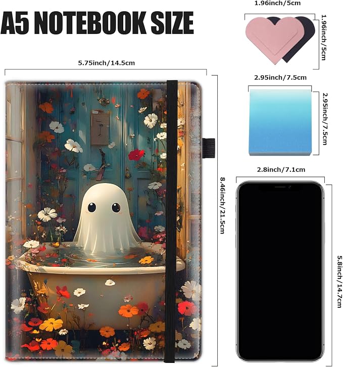 Hardcover Executive Notebooks, A5 PU Leather Lined Journal Notebook, 200 Pages Thick Paper Subject Notebooks for School,Work,Home Writing Business Notebook, Diary Book ，Floral Ghost in Bathtub