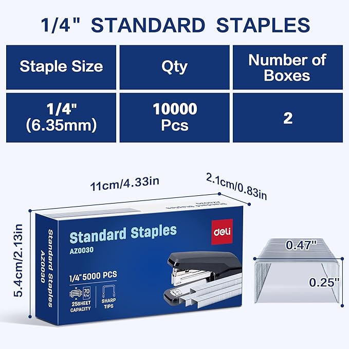 Deli Staples, 10000 Staples, 1/4'' Length, 210/Strip, 2 Boxes of 5000 Each | Standard Staple for Desktop Staplers
