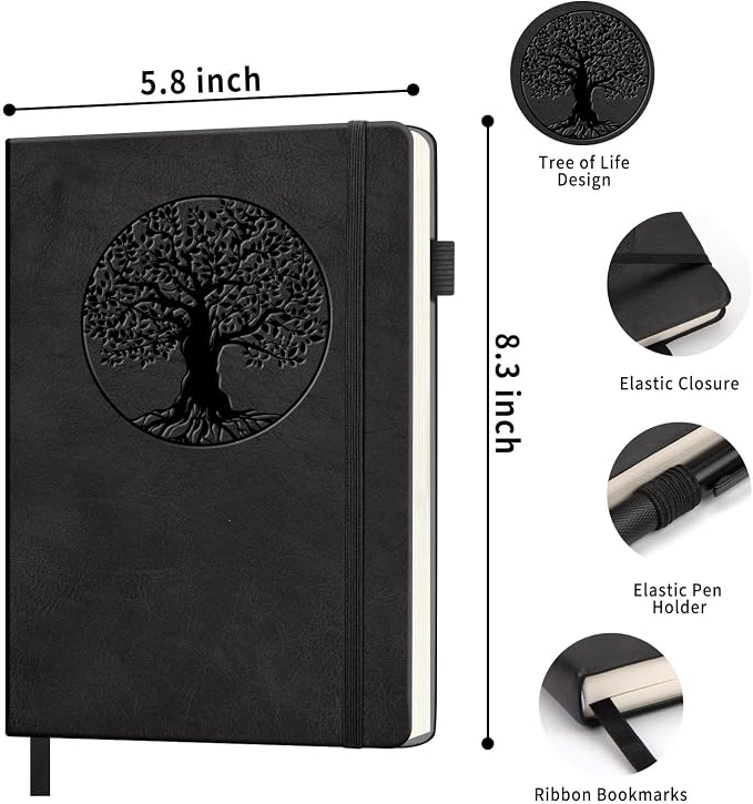 Lined Journal Notebook, A5 Leather Vintage Journals for Writing, 288 Pages College Ruled Notepad for Women Men, Vegan Leather Daily Notebook for Work, School, Travel, Note Taking(Tree of Life, Black)