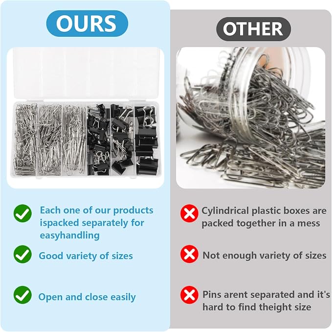500PCS Paper Clips and Binder Clips Assorted Sizes,3 Sizes in One Pack, Large, Medium, Small,Silver PaperClips & Black Binder Clips for Home, School, Office Supplies
