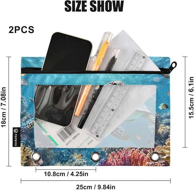 Sea Turtle Underwater Pencil Pouch for 3 Ring Binder 2 Pack Zipper Binder Pencil Bag with Clear Window Pencil Case for Office Supplies