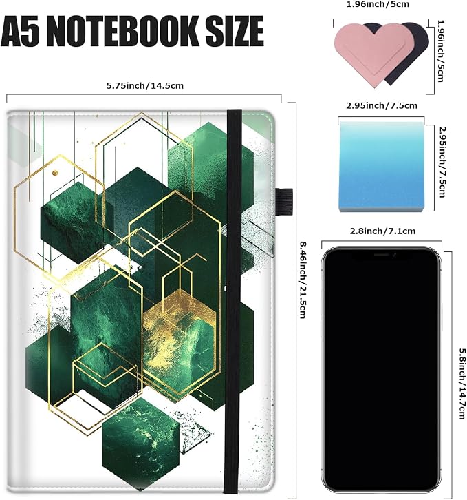 Hardcover Executive Notebooks, A5 PU Leather Lined Journal Notebook, 200 Pages Thick Paper Subject Notebooks for School,Work,Home Writing Business Notebook, Diary Book ，Emerald Gold Abstract