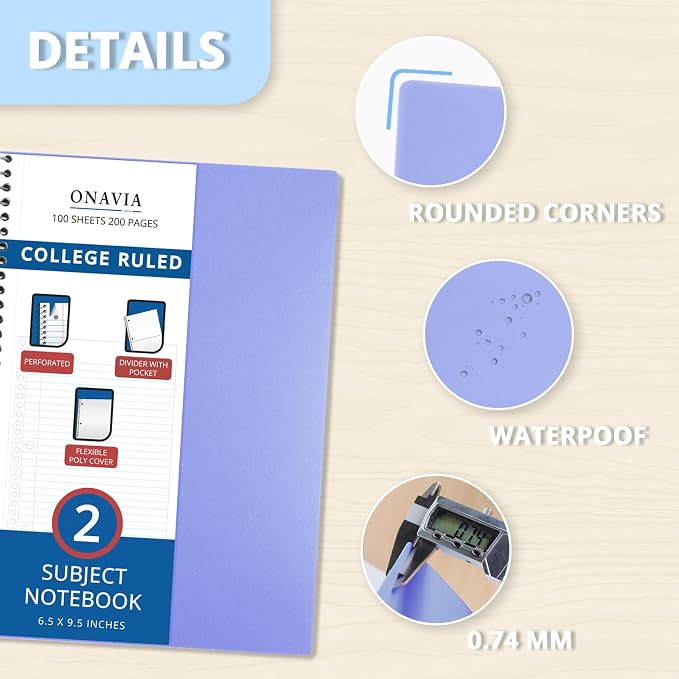 ONAVIA 2 Subject Spiral Notebook College Ruled 6 Pack, 200 Pages, Assorted | 100 ct, 6 x 9.5 in, Poly Cover, 2 Dividers, Double-Sided Pockets, Notebook for School, Study