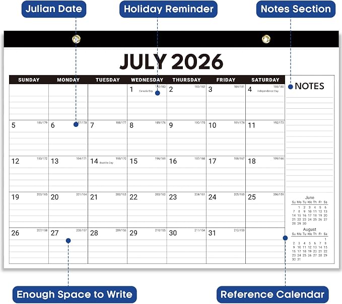 6 Pack of Desk Calendar 2026-2027, 18-Month Calendar Runs from July 2026 to December 2027, Large 17" x 12" Monthly Desktop & Wall Calendar for Home & Office - Black