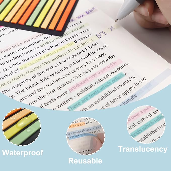 Potanro 960Pcs Highlighter Tape Translucent Sticky Long Tabs, | 6 Sheet Clear Sticky Notes Tabs, Highlighting Strips Index Tab for Annotating Books Bible Study Supplies,Teachers