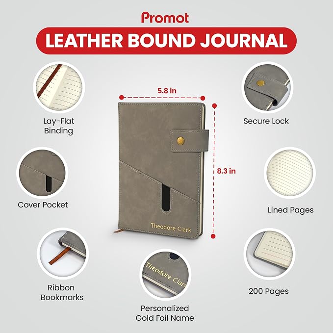 Promot Personalized Notebook - A5 Lined Leather PU Journal Notebook (Gray) | Premium Leather-Look Cover, Smooth Lined Writing Pages, Durable Everyday Design, Elegant Professional Appearance