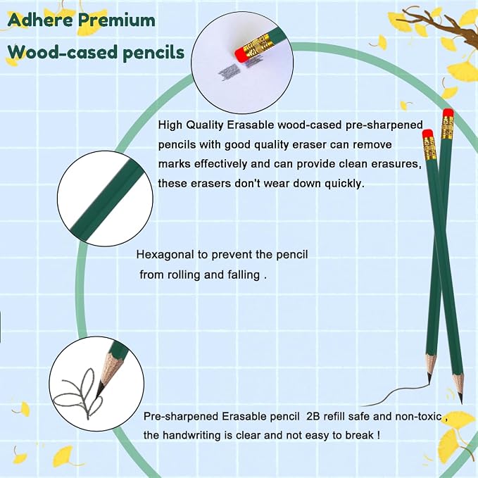 Adhere 25pcs Woodcase Pencils with Eraser Premium Pre-Sharpened Hexagon Graphite 2B pencils ideal for home, office writing including a Free Sharpener.(Dark Green)