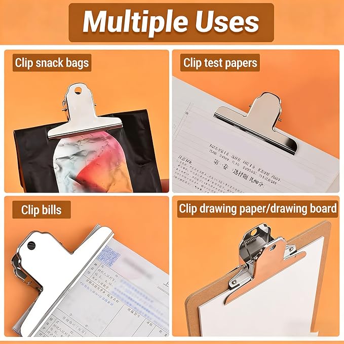 Extra Large Bull Paper Clips, 6.3 Inch - 12 Pack, Silver, 160 mm, Stainless Steel Mountain Binder Clips - Heavy Duty Square Metal File Clamps for Home Office School Supplies