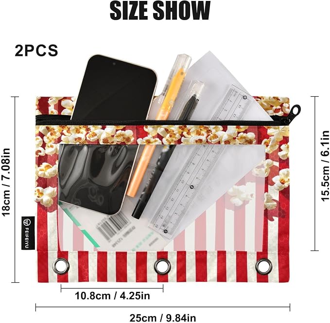 Popcorn Stripes Pencil Pouch Fits standard 3-ring binders, Zipper Binder Pencil Bag with Clear Window for Office 2 Pack