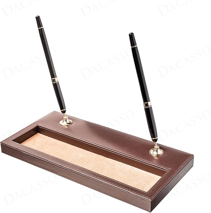 Dacasso Chocolate Brown Leather Double Pen Stand w/Gold Accents - Luxury Executive Decor and Office Desk Surface Protector