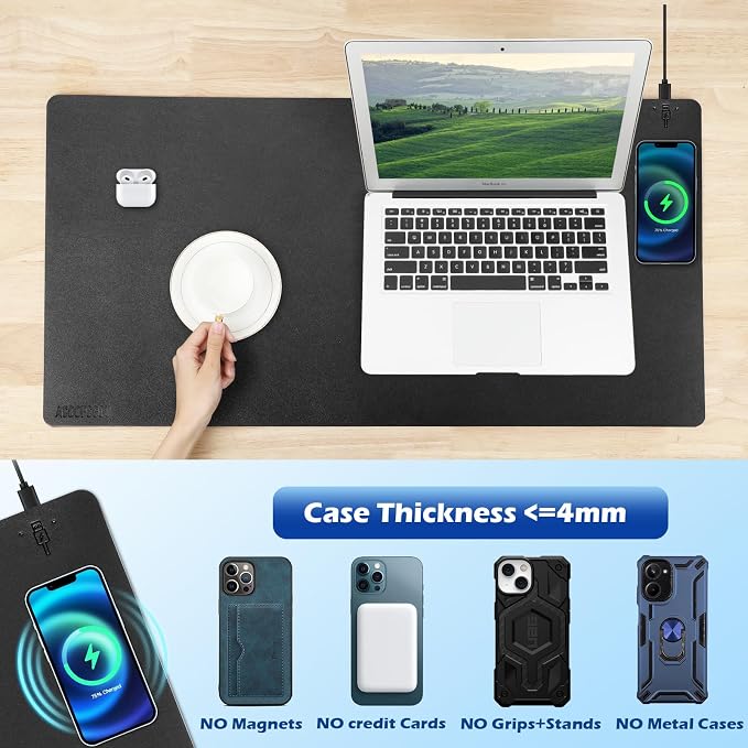 Wireless Charging Desk Mat, Mouse Pad,Black-R, 32 * 16inch | Desk Pad for Desktop Charging, Large Mouse Pad, Waterproof Leather Computer Mat, Non-Slip Protector, For Keyboard and Mouse