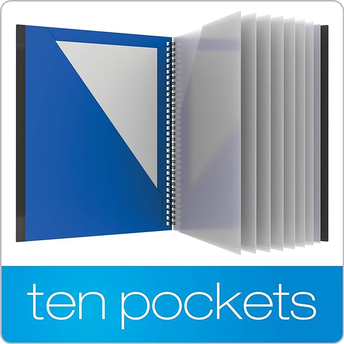 Oxford 10 Pocket Folder, Plastic Spiral Portfolio, for School and Office, Multi-Pocket Organizer, Anti-Tear Edges, 8 Clear Pockets, 2 Diagonal Interior Pockets, Letter Size, Blue (89331)