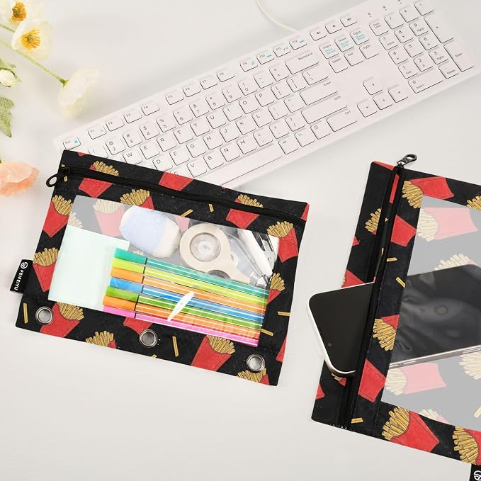 Emelivor Chips Black Pencil Pouch for 3 Ring Binder 2 Pack Binder Pencil Case with Clear Window Pencils Bags with Zipper for Office Daily College Home Supplies