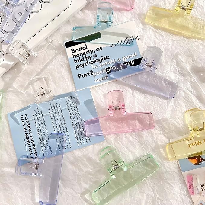 OWLFAVO 16 Pcs Clear Binder Clips, Plastic Bag Clip, Acrylic Paper Photo Food Clamps, Wide Mouth Seal Clamp, Transparent Air Tight Sealing Binders for School, Office and Kitchen Storage, 8 Colors