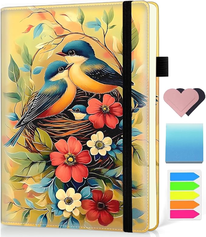 Hardcover Executive Notebooks, A5 PU Leather Lined Journal Notebook, 200 Pages Thick Paper Subject Notebooks for School,Work,Home Writing Business Notebook, Diary Book ，Colorful Birds and Flowers