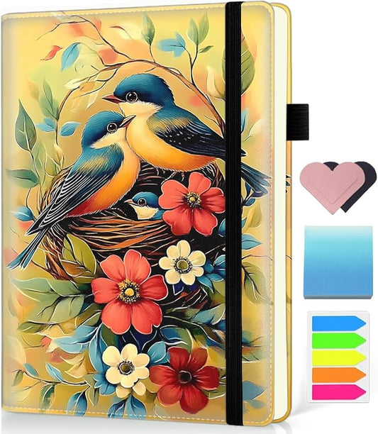 Hardcover Executive Notebooks, A5 PU Leather Lined Journal Notebook, 200 Pages Thick Paper Subject Notebooks for School,Work,Home Writing Business Notebook, Diary Book ，Colorful Birds and Flowers