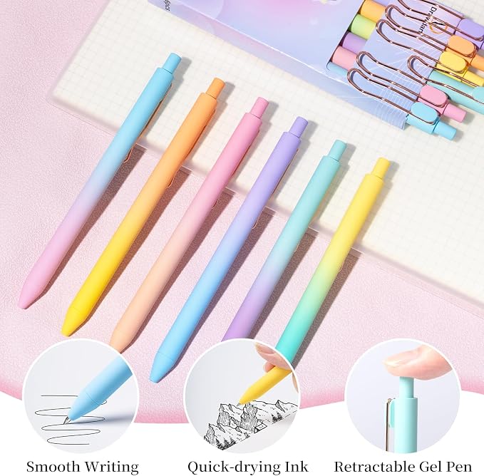 Drawdart Gel Pens, 6 Pcs Smooth Writing No Bleed & Smear, Black Ink Cute Fine Point (0.5mm), Retractable Aesthetic Journaling School Office Supplies for Women & Men