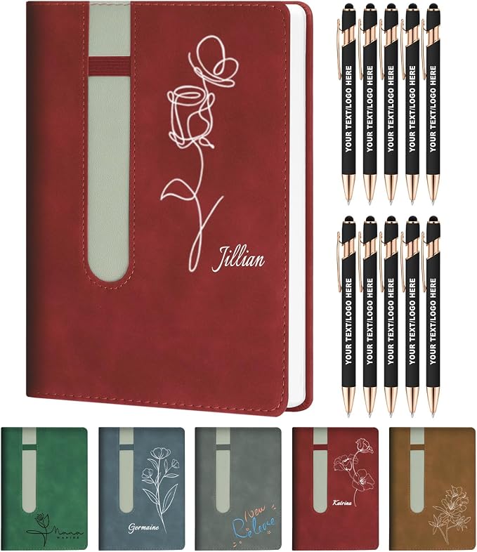 ENOMY A5 Personalized Notebook Set with 10 PC Pens Custom Journal with Pen Holder 200 Pages 80 GSM Custom Notebook for Writing Men Women, Red