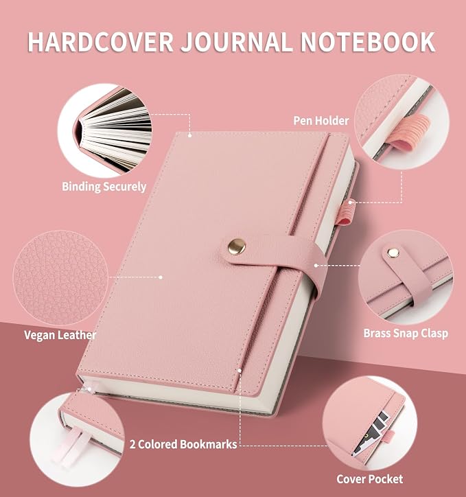 A5 Lined Leather Journal Notebook, Hardcover Journal Set with Pen, Monthly Index Tabs and Gift Box, 320 Pages 100GSM Thick Paper, Thick Daily Diary, Journal for Women, Men, School, Travel, Work(Pink)
