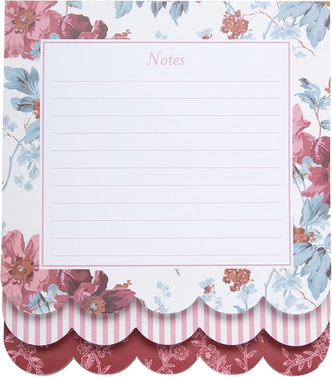 Laura Ashley Layered Notepad - 6.5 x 7.5 Inch 3-in-1 Color Writing Pad with 150 Lined Tear-Off Sheets with Sturdy Backboard for Home, Grocery & Office, Size 7X8, Burgundy Bloom