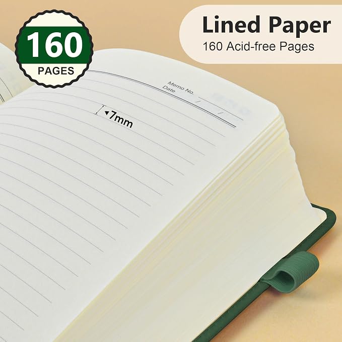 PERCUN A5 Leather Notebook Journal, 160 Lined Pages, 5.9" x 8.5" Green | Leather Journal for Men Women, Hardcover Notebooks for work, school, business, travel diary, Note taking & Daily Journaling