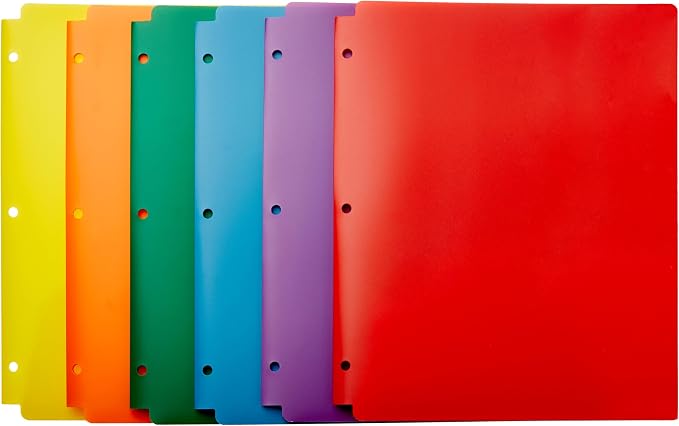 Amazon Basics Plastic 3-Hole Punch File Folders with 2 Pockets for Documents, Letter Size 8.5 x 11 inches, Assorted Colors, Pack of 6