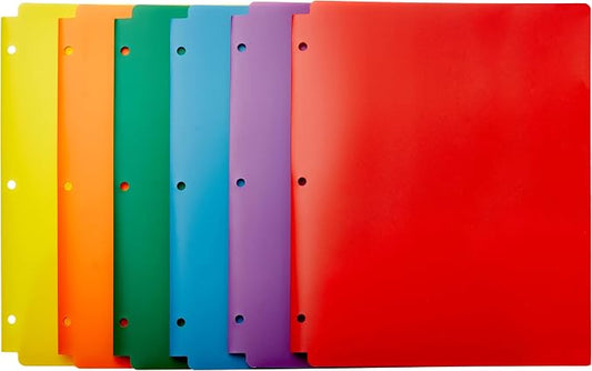 Amazon Basics Plastic 3-Hole Punch File Folders with 2 Pockets for Documents, Letter Size 8.5 x 11 inches, Assorted Colors, Pack of 6