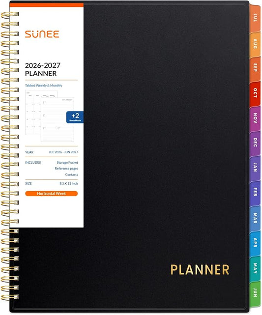 SUNEE Academic Planner 2026-2027 – Weekly & Monthly Planner, July 2026 to June 2027, 8.5"x11", Thick Paper, Tabs, Pockets, Bookmark, Spiral-Bound, Student Teacher Organizer, Black