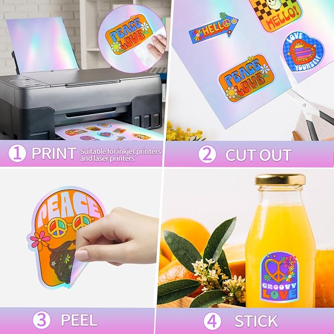 STARLIBOO 25 Sheets Holographic Sticker Paper, Diamond Pattern Printable Vinyl for Inkjet & Laser Printer, Laser Beam Effect, Dries Quickly (8.5" x 11")