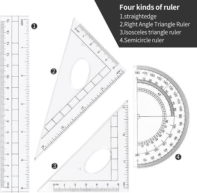 Unjoo Geometry Sets 10 Pcs Student Supplies, Protractor and Compass (Black) | Shatterproof Storage Box,Rulers,Protractor,Compass,Eraser,Pencil Sharpener,Lead Refills,Pencil,for Classroom, Back to School