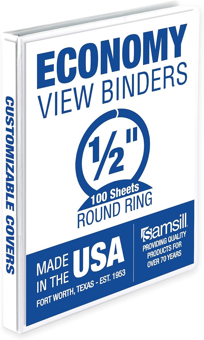 Samsill 0.5 Inch 3 Ring Binder, Made in USA, Economy Round Ring, Clear View Cover, 100 Sheet Capacity - for School, Home, Office - Pearl White