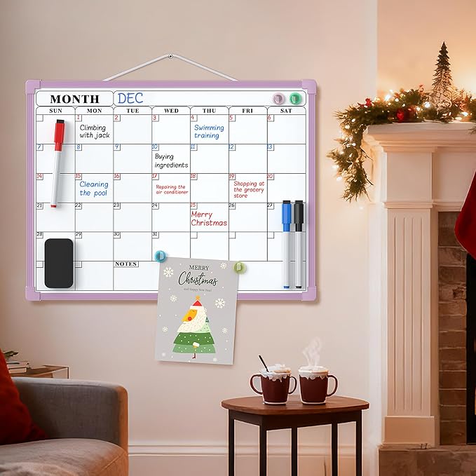 MaxGear Monthly Calendar Dry Erase Board for Wall, 16"x12", Purple Frame | Double-Sided, Hanging Small White Board, Portable Whiteboard for Planning, Drawing, Memo, to Do List, Home, Kitchen, Office
