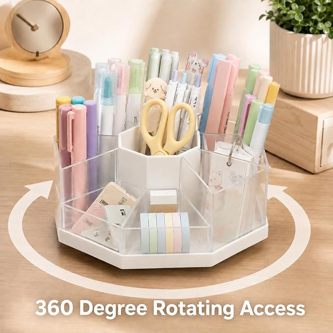 Rotating Pen Holder for Desk, 360 Degree Desk Organizer, Desktop Storage | with 9 Removable Compartments, Detachable Pencil Holder and Art Supply Organizer for Office, School, Makeup Brushes, Markers