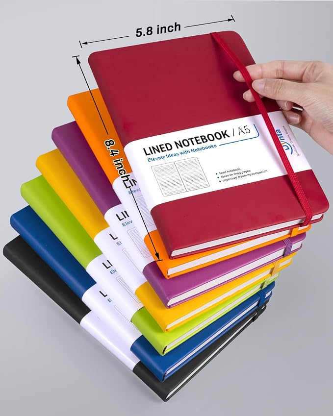 Dynta Hardcover Journal Notebooks, 7Packs A5 Lined Journals Bulk for Writing 200 Pages/100Sheets, 8.4 x 5.8 inch, 7 Colors Classic Ruled Notebook for Work/Travel/College/Note Taking