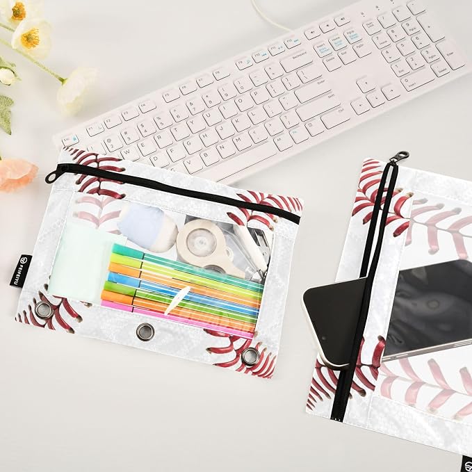 Baseball Pencil Pouches for 3 Ring Binder, Zipper Binder Pencil Case, 2 Pack Clear Window Case Bag for Office Organizers