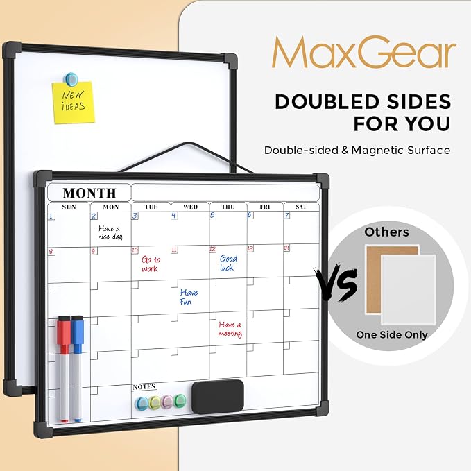 MaxGear Monthly Calendar Dry Erase Board for Wall, 16"x12", Black Frame | Double-Sided, Hanging Small White Board, Portable Whiteboard for Planning, Drawing, Memo, to Do List, Home, Kitchen, Office