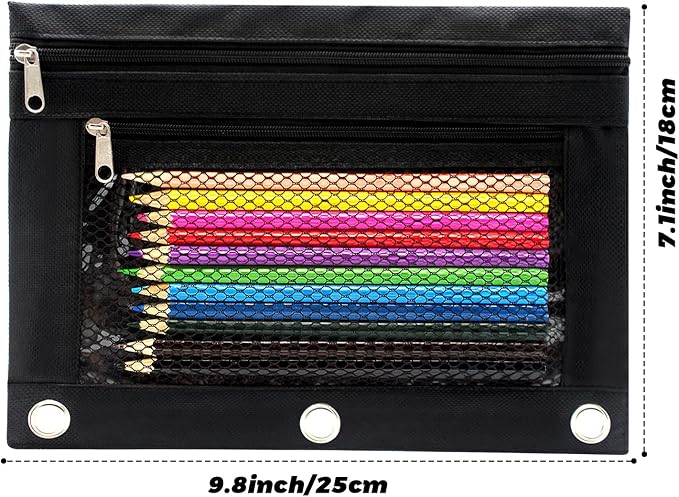 Pencil Pouch 3 Ring Binder Pouch Zippered Pencil Case Canvas Pencil Bag with 2 Compartments (Set of 2, Black)