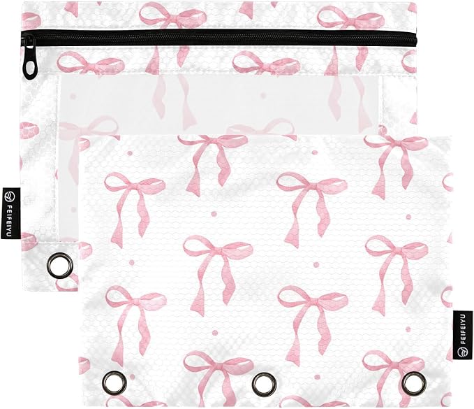 ALAZA Pencil Pouch for 3 Ring Binder, Cute Pinks Bow Binder Pencil Pouches with Clear Window Zipper Pencil Case Cosmetic Bags for Office College Supplies, 2PCS