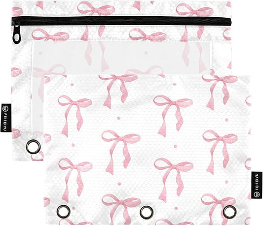 ALAZA Pencil Pouch for 3 Ring Binder, Cute Pinks Bow Binder Pencil Pouches with Clear Window Zipper Pencil Case Cosmetic Bags for Office College Supplies, 2PCS