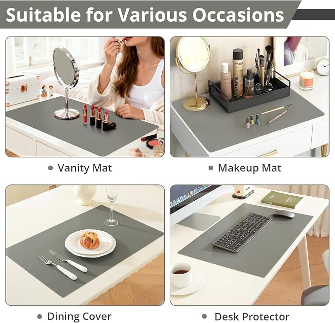 LovePads Makeup Mat for Vanity, 16 x 32 Dual-Sided Desk Pad & Vanity Cover Top, Waterproof PVC Protector Mat for Dresser, Nail Art, Craft Table (Dark Grey+Grey)