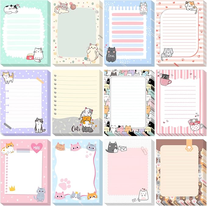 Chiisong 12 Pieces Cats Sticky Notes Cute Cat Gift Self Stick Notepads 3x4 Inch Kawaii Memo Notes for Animal Lover Cartoon Animal to Do List for Office Home Supplies Roommates Gift
